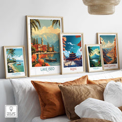 Lake Iseo Wall Art Print displayed among travel posters of the Philippines, Beijing, Costa Rica, and the Grand Canyon.