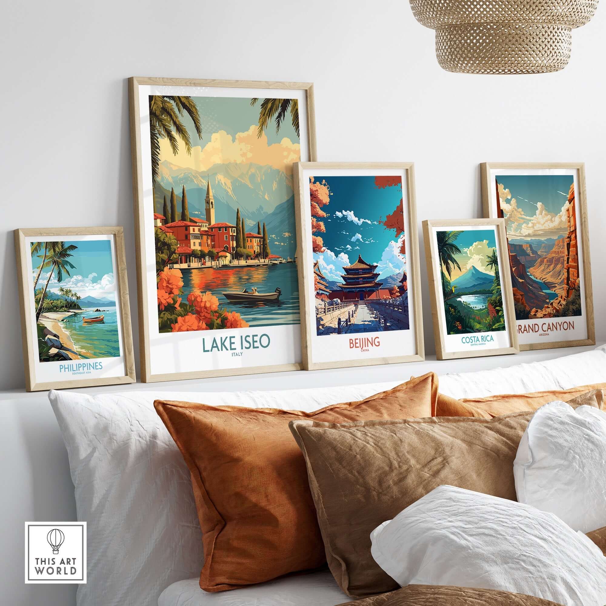 Lake Iseo Wall Art Print displayed among travel posters of the Philippines, Beijing, Costa Rica, and the Grand Canyon.