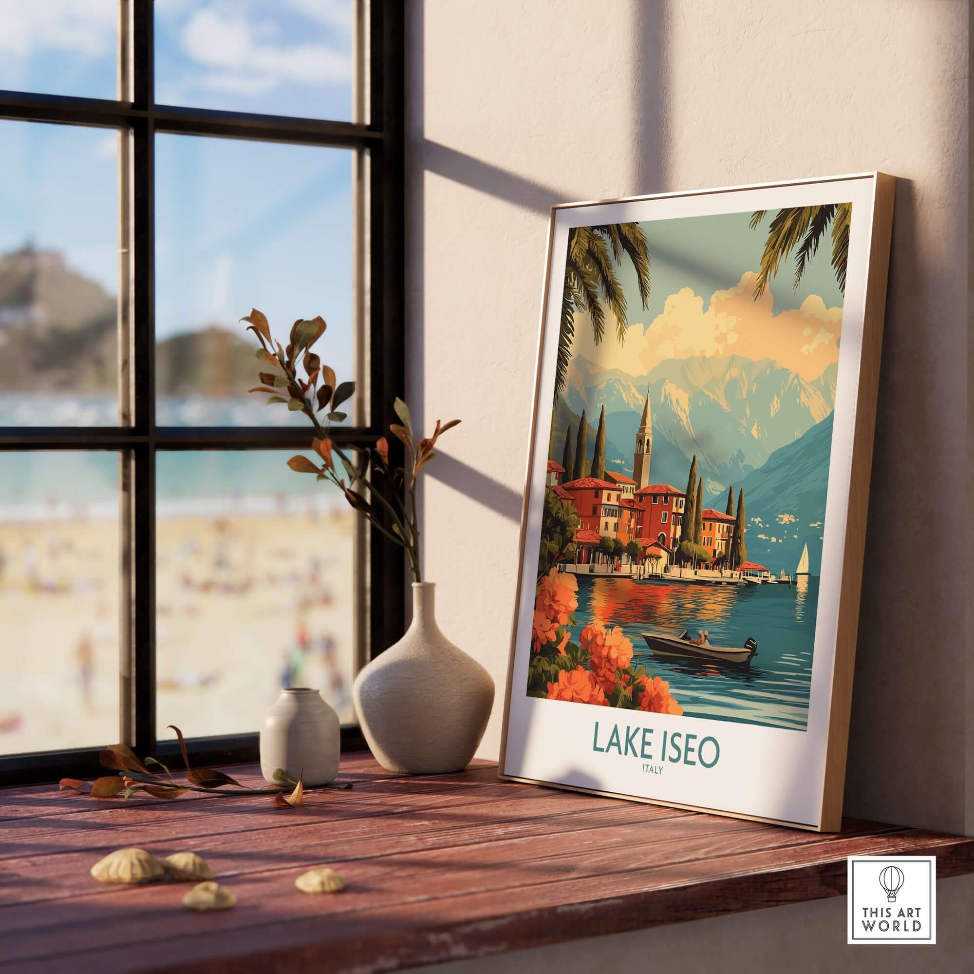 Lake Iseo Wall Art Print displayed in a cozy interior, featuring a serene lakeside view and mountains in the background.