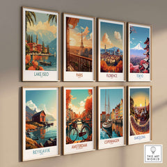 Lake Iseo Wall Art Print showcasing serene lakeside view among various city travel posters.