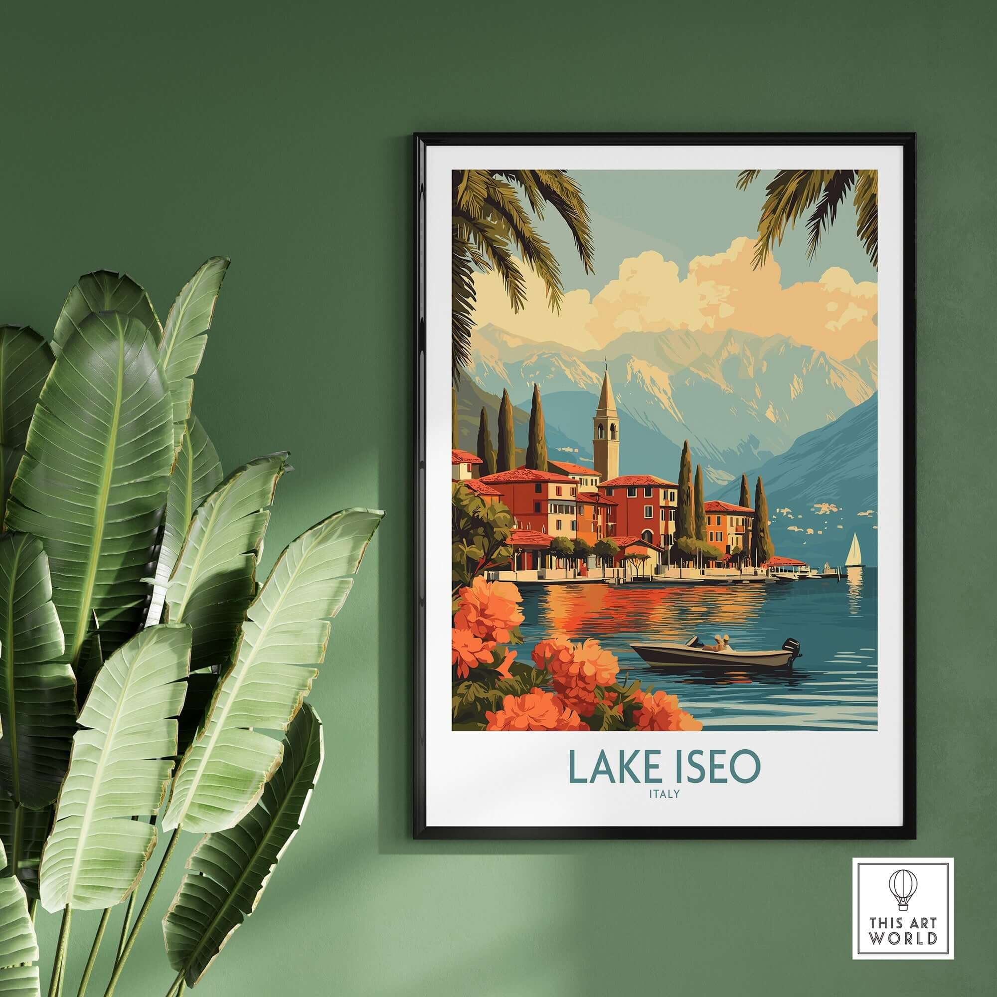 Lake Iseo Wall Art Print featuring serene lakeside view and mountains, perfect for home decor.