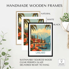Lake Iseo Wall Art Print featured in natural, white, and black handmade wooden frames.