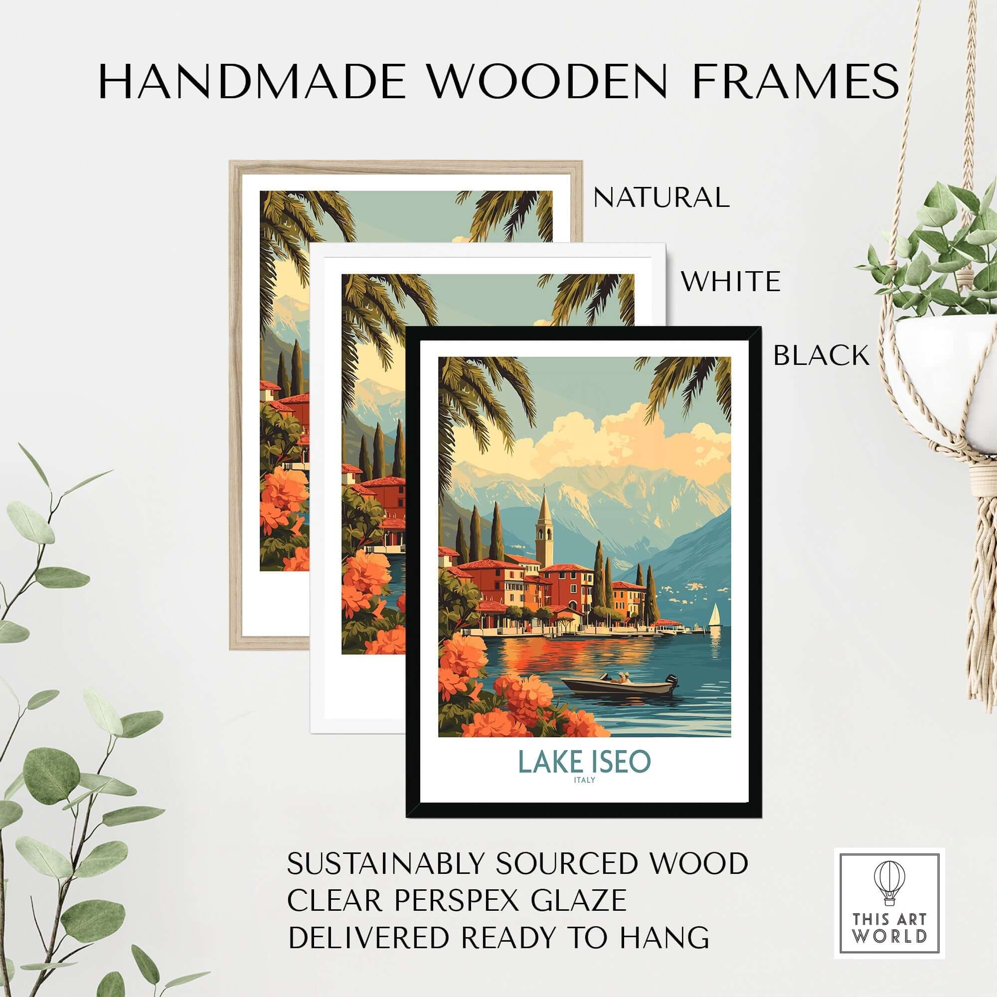 Lake Iseo Wall Art Print featured in natural, white, and black handmade wooden frames.