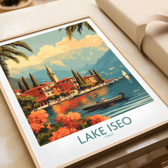 Lake Iseo Wall Art Print showcasing a serene lakeside view in Italy with vibrant colors and floral accents.