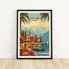 Lake Iseo Wall Art featuring an Italian lakeside view with mountains and vibrant flowers.