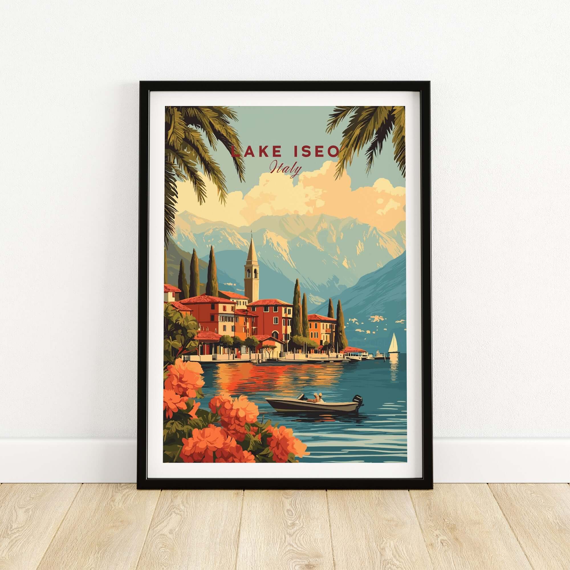 Lake Iseo Wall Art featuring an Italian lakeside view with mountains and vibrant flowers.
