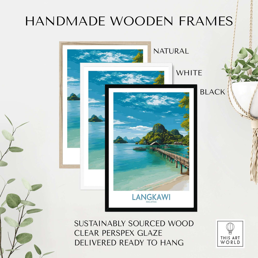 Langkawi Malaysia Art Print | Island Travel Poster displayed in handmade wooden frames in natural, white, and black.