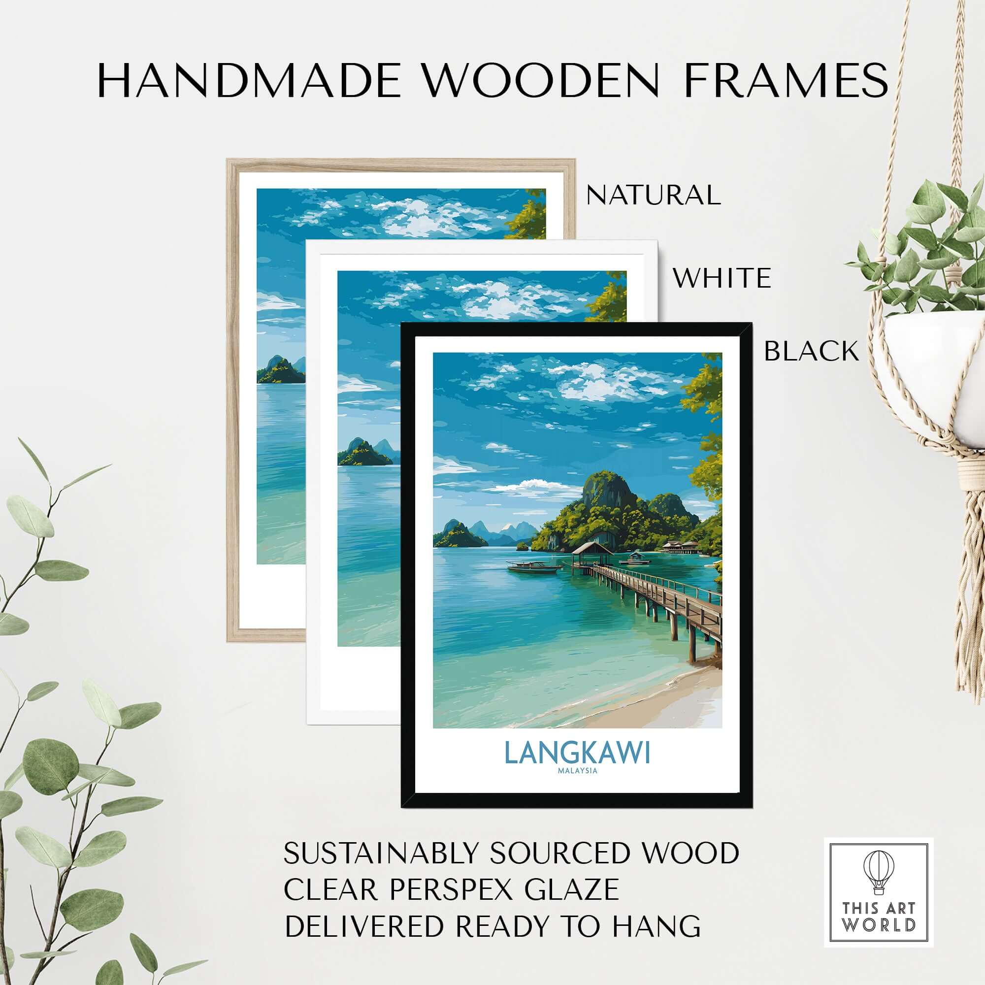 Langkawi Malaysia Art Print | Island Travel Poster displayed in handmade wooden frames in natural, white, and black finishes.