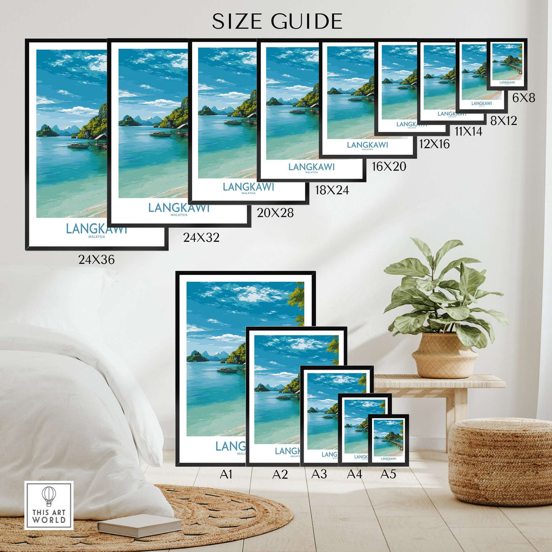Langkawi Malaysia Art Print | Island Travel Poster size guide with various frame sizes displayed