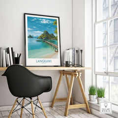 Langkawi Malaysia Art Print | Island Travel Poster displayed in a stylish workspace with a view of lush landscapes.