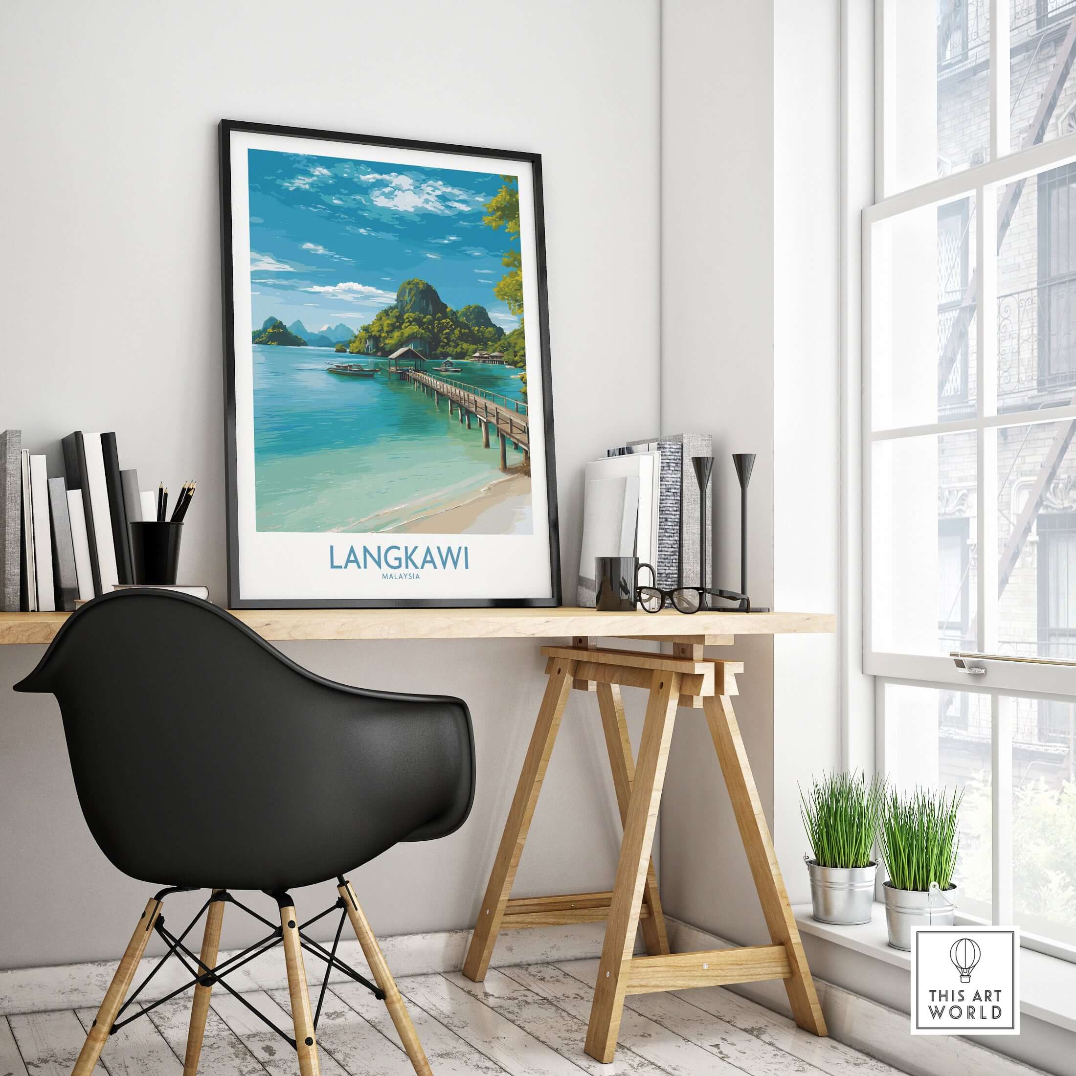 Langkawi Malaysia Art Print | Island Travel Poster displayed in a stylish workspace with a view of lush landscapes.