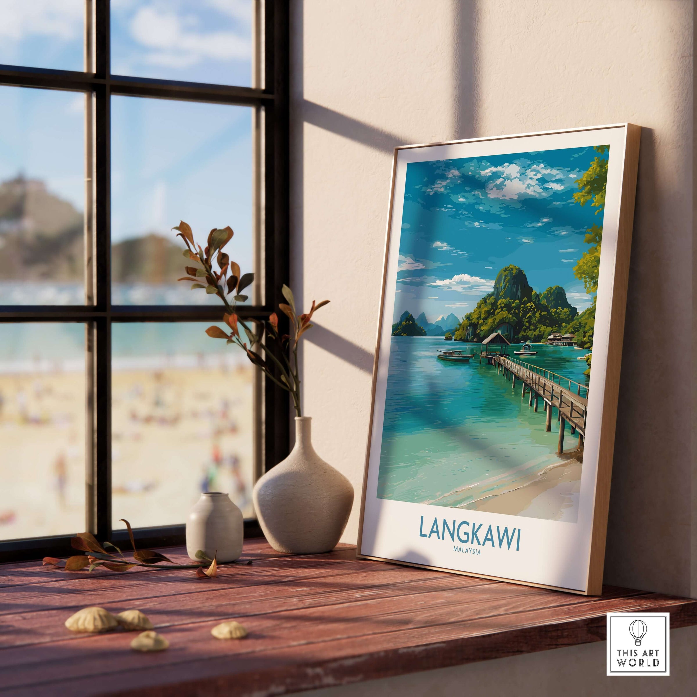 Langkawi Malaysia Art Print | Island Travel Poster displayed on a wooden table by a window, capturing tropical scenery.