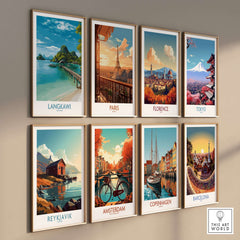 Langkawi Malaysia Art Print | Island Travel Poster displayed alongside travel posters of famous destinations.
