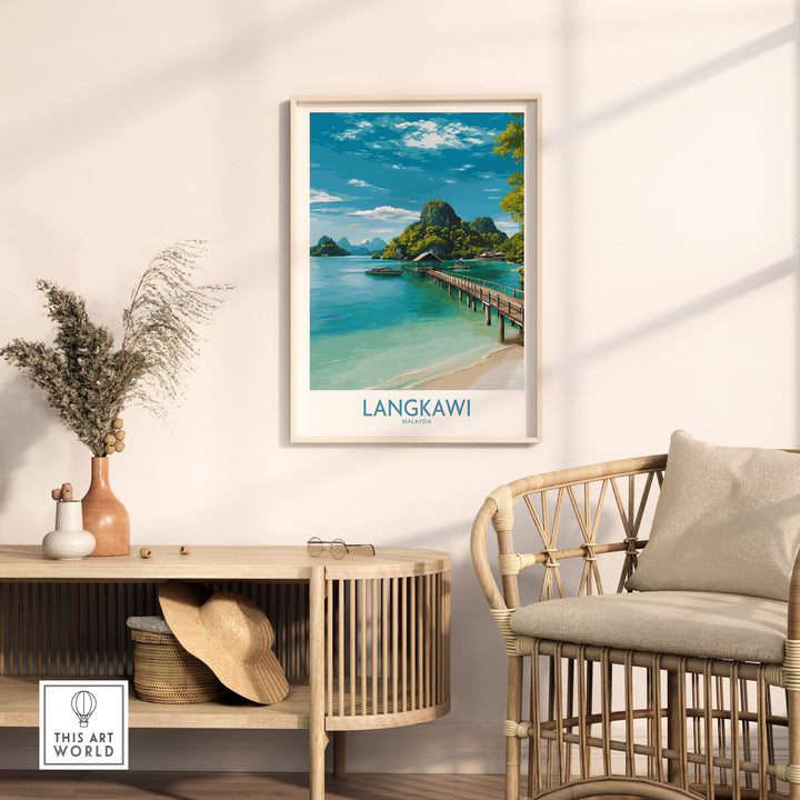 Langkawi Malaysia Art Print | Island Travel Poster featuring a tropical landscape and serene waters in a stylish interior.