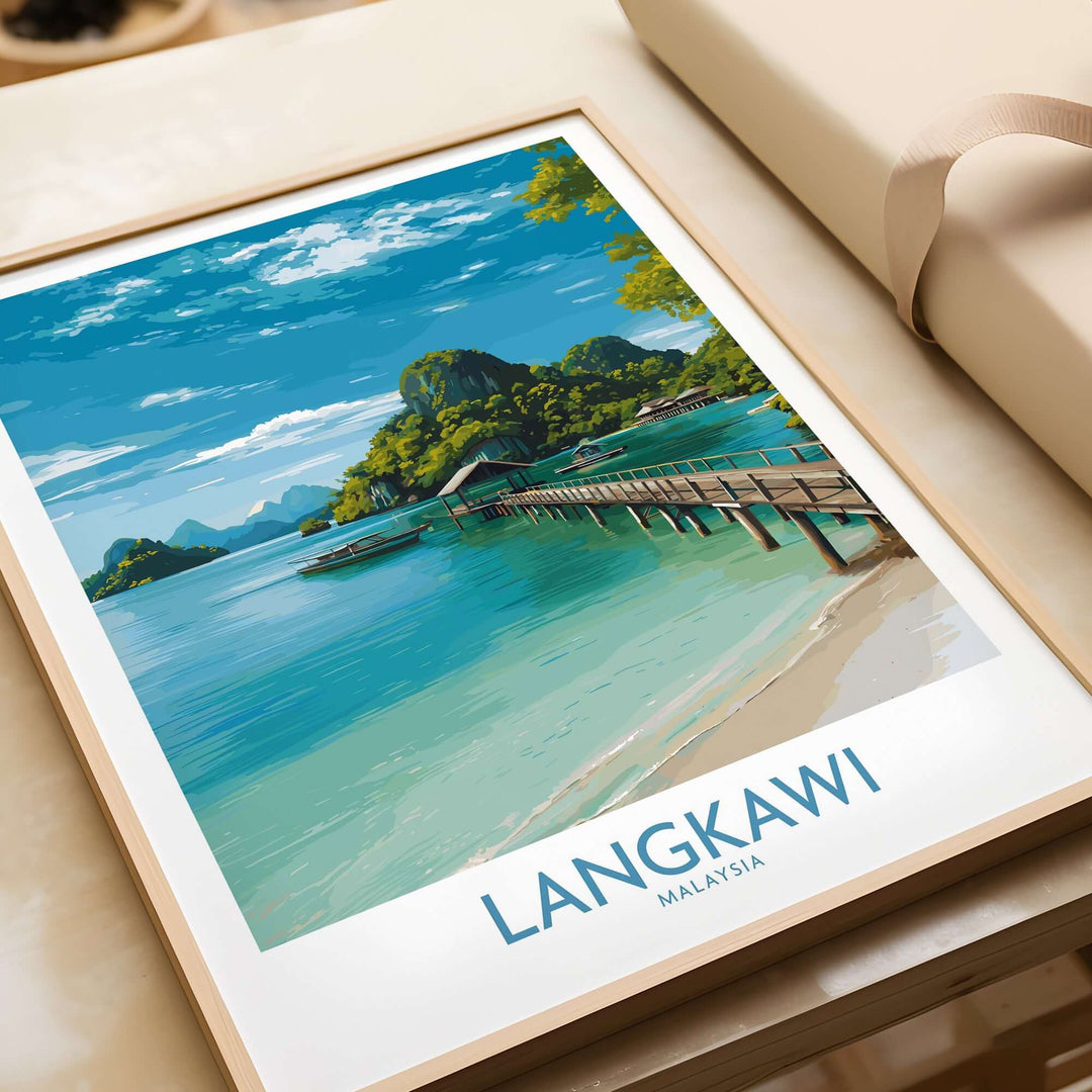 Langkawi Malaysia Art Print | Island Travel Poster showcasing a serene tropical landscape with blue water and a wooden pier.