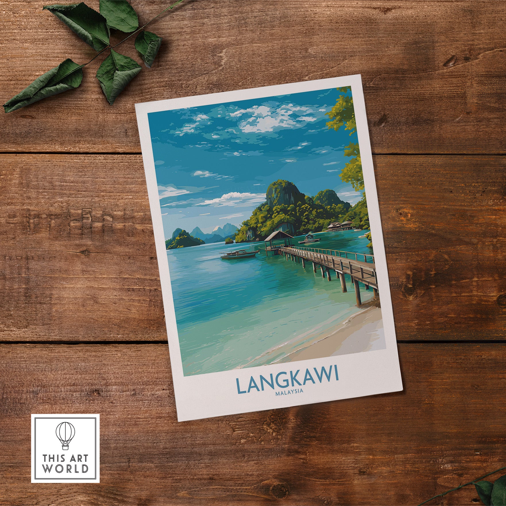 Langkawi Malaysia Art Print | Island Travel Poster featuring a serene beach scene with vibrant blue waters and lush greenery.
