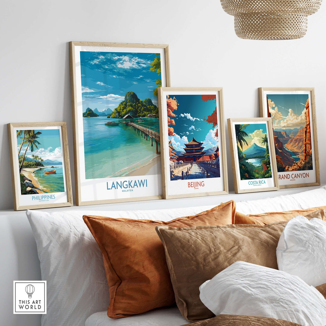 Langkawi Malaysia Art Print | Island Travel Poster framed among other travel art prints on a stylish sofa.