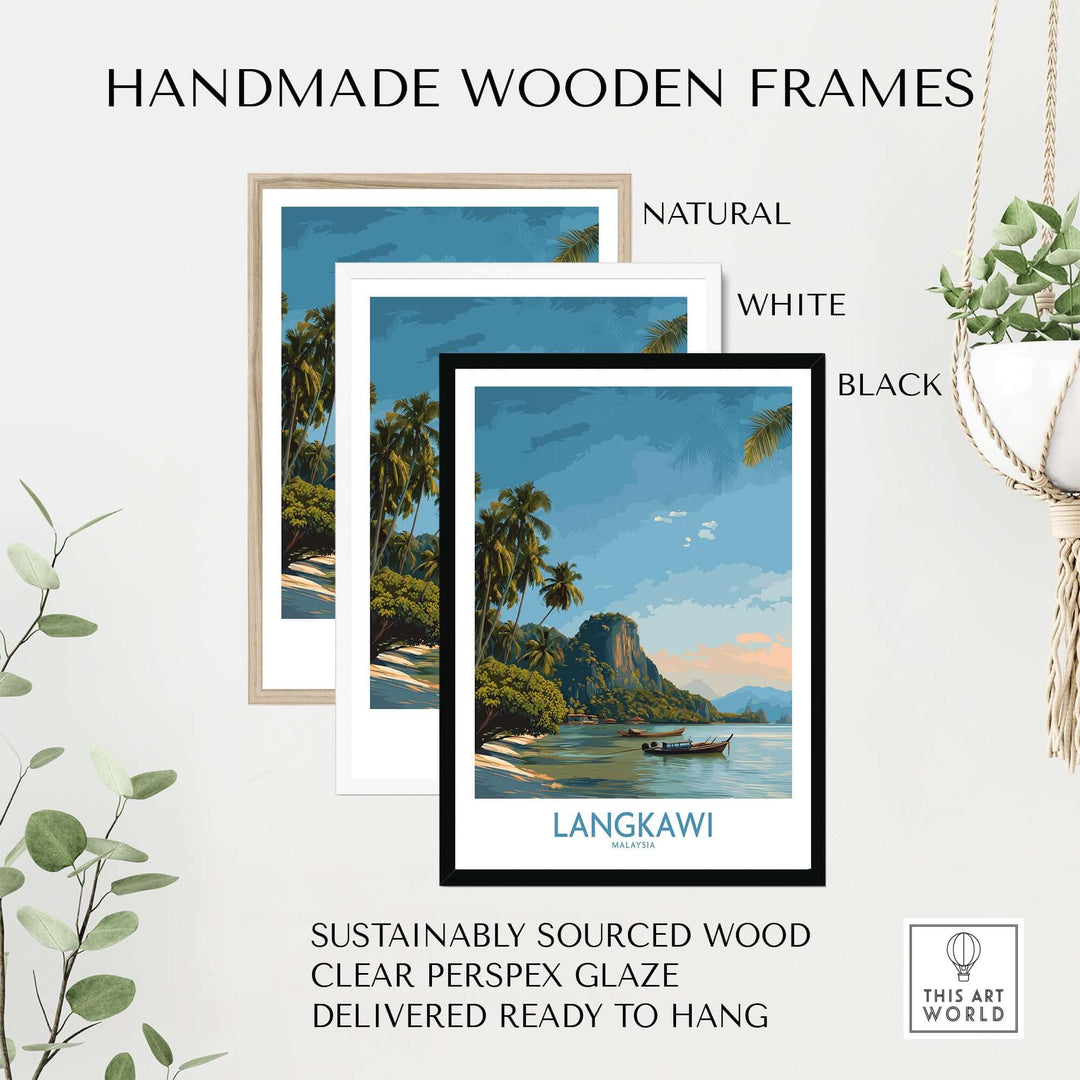 Langkawi Malaysia Tropical Beach Art Print | Longtail Boat Island Poster framed in handmade wooden frames: natural, white, black.