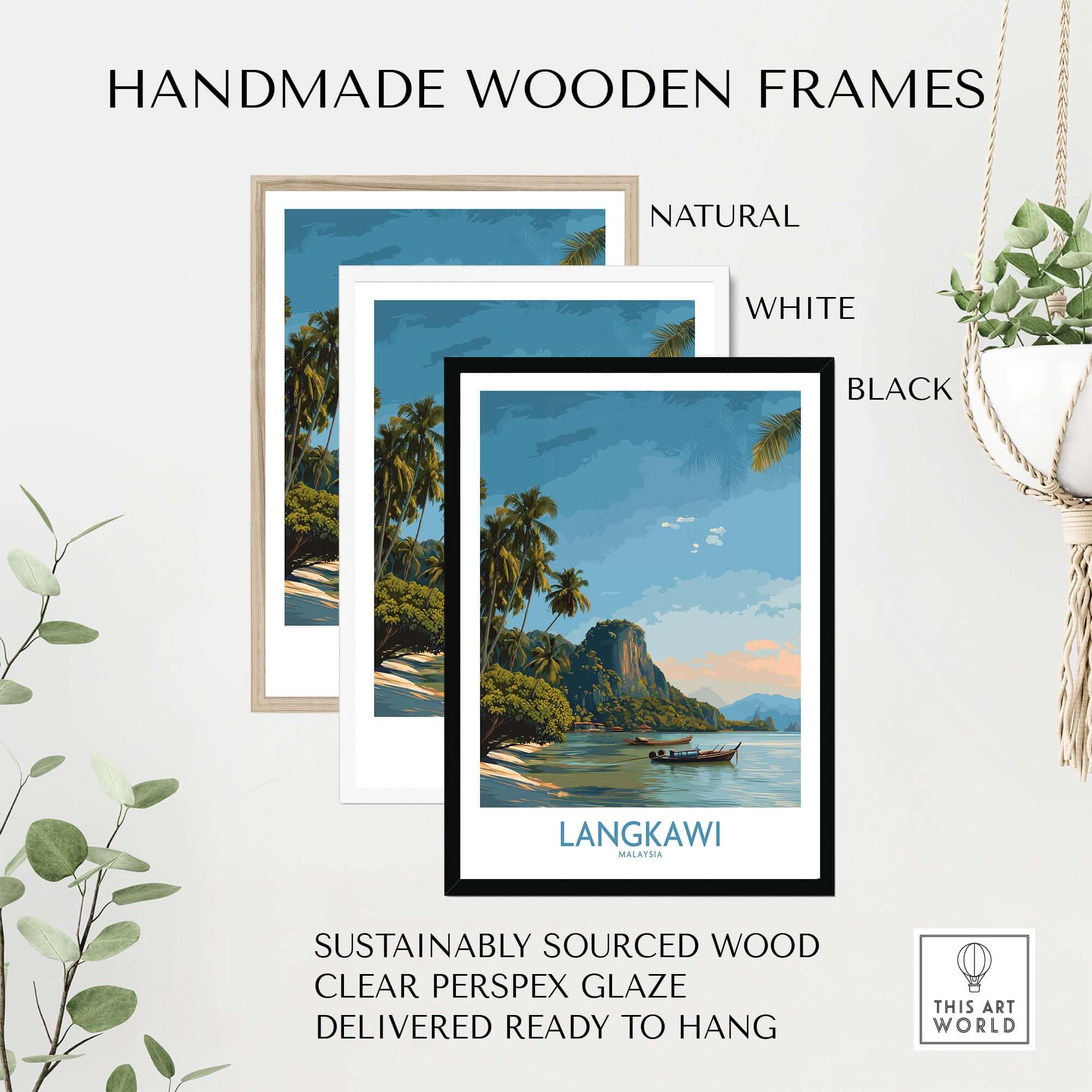 Langkawi Malaysia Tropical Beach Art Print | Longtail Boat Island Poster with handmade wooden frames in natural, white, and black.