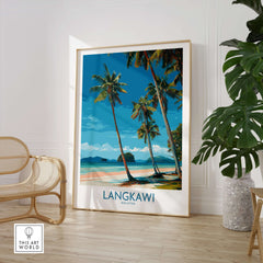 Langkawi Malaysia Print | White Sand Beach Poster displayed in an elegant room with palm trees and a natural decor.