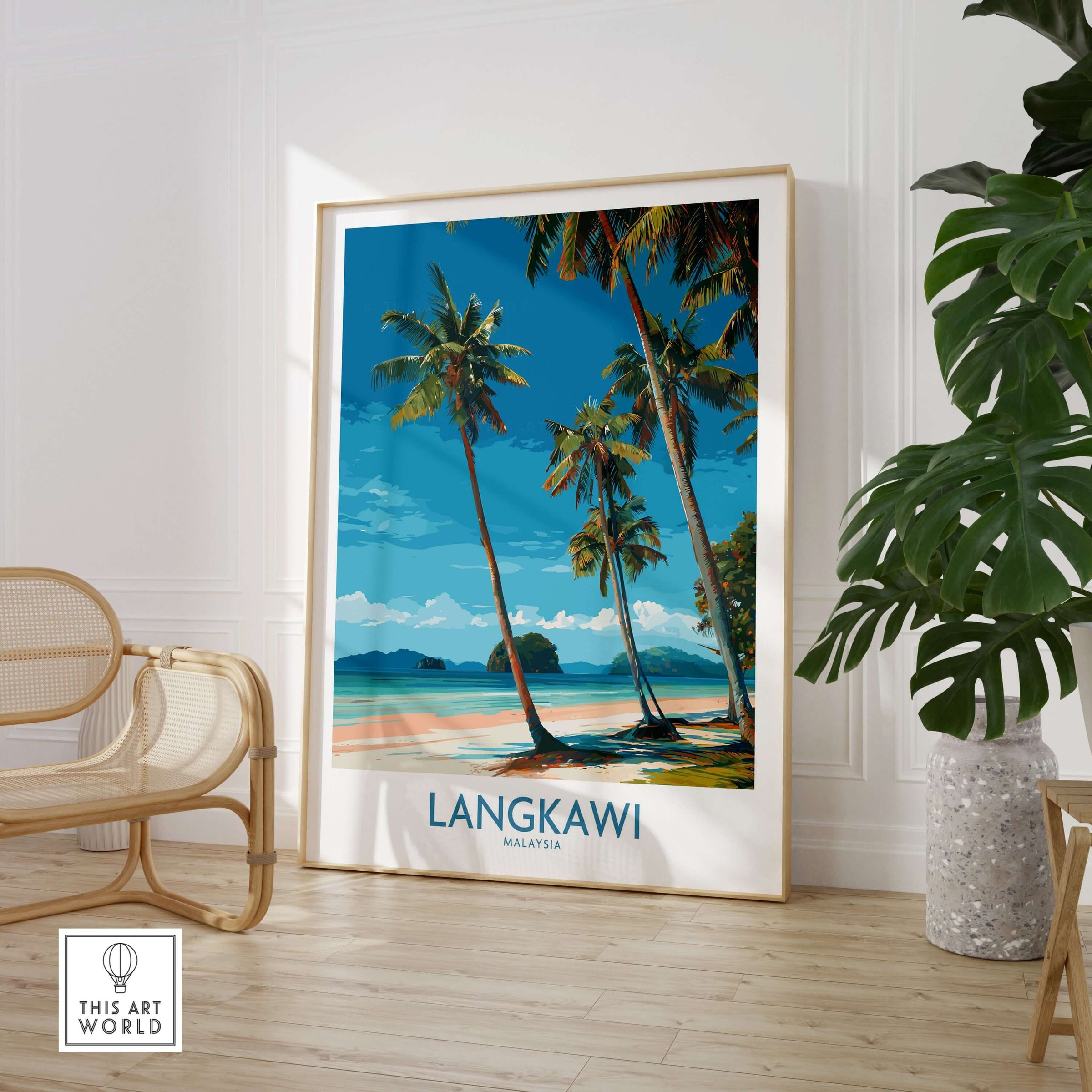 Langkawi Malaysia Print | White Sand Beach Poster displayed in an elegant room with palm trees and a natural decor.