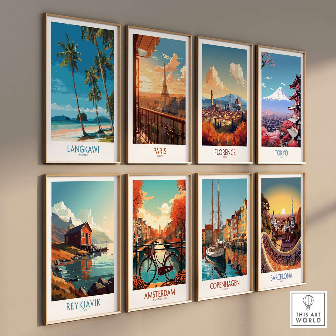 Langkawi Malaysia Print | White Sand Beach Poster displayed alongside other city art prints on a wall.