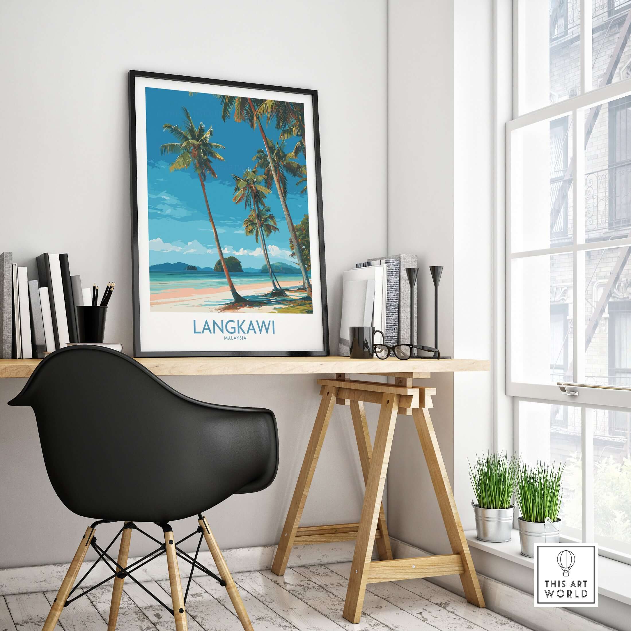 Langkawi Malaysia Print | White Sand Beach Poster displayed in a stylish modern workspace.