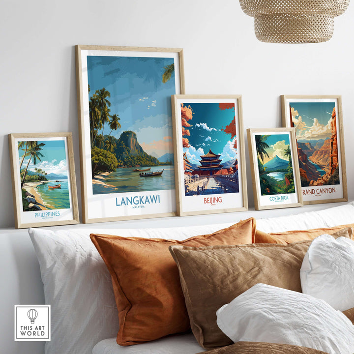 Langkawi Malaysia Tropical Beach Art Print | Longtail Boat Island Poster displayed among various framed travel art prints.