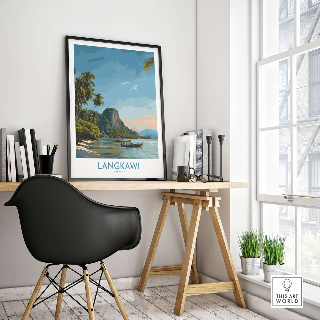 Langkawi Malaysia Tropical Beach Art Print | Longtail Boat Island Poster displayed in a modern workspace.