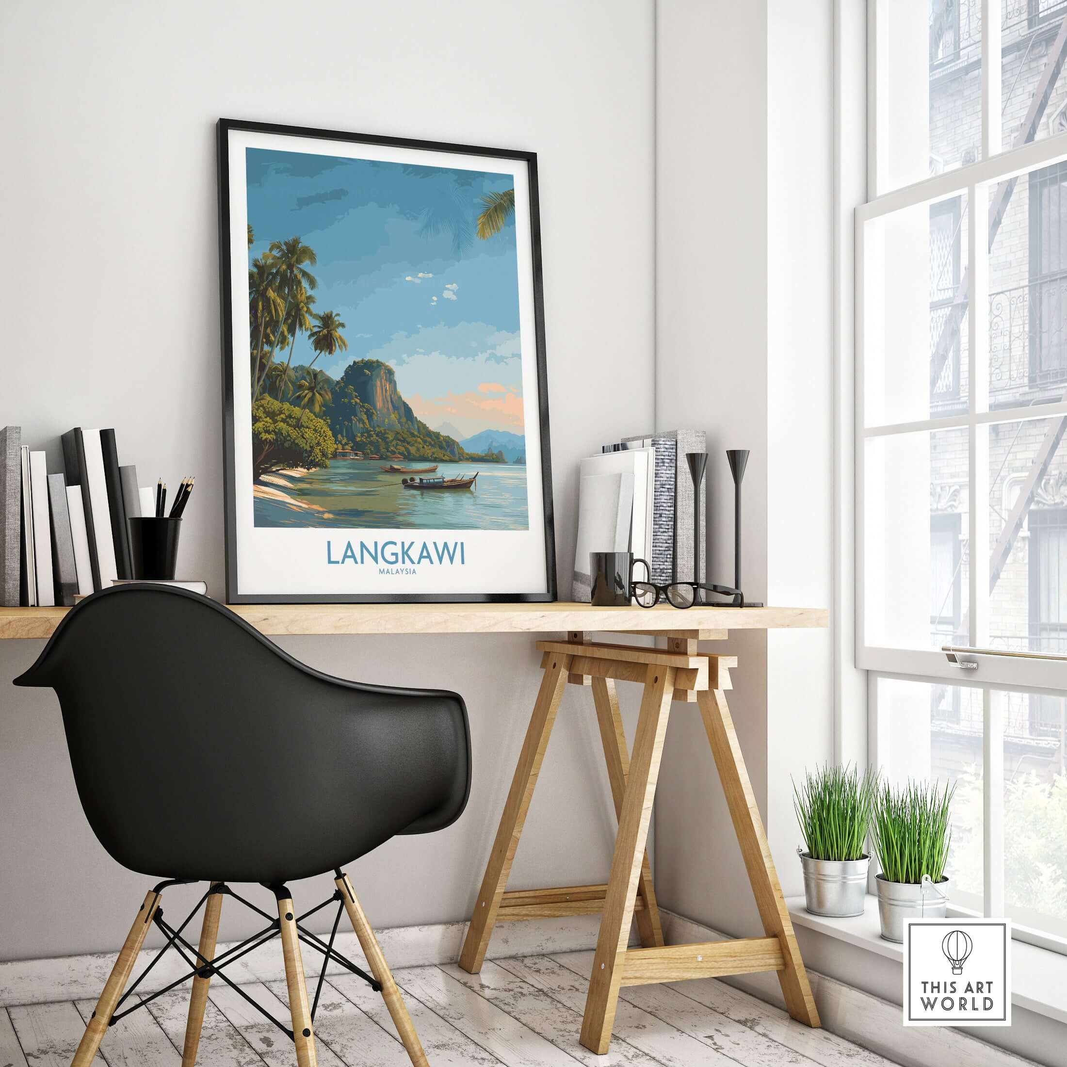 Langkawi Malaysia Tropical Beach Art Print | Longtail Boat Island Poster displayed on a stylish desk in an interior setting.