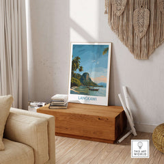 Langkawi Malaysia Tropical Beach Art Print | Longtail Boat Island Poster displayed in a cozy living room setting.