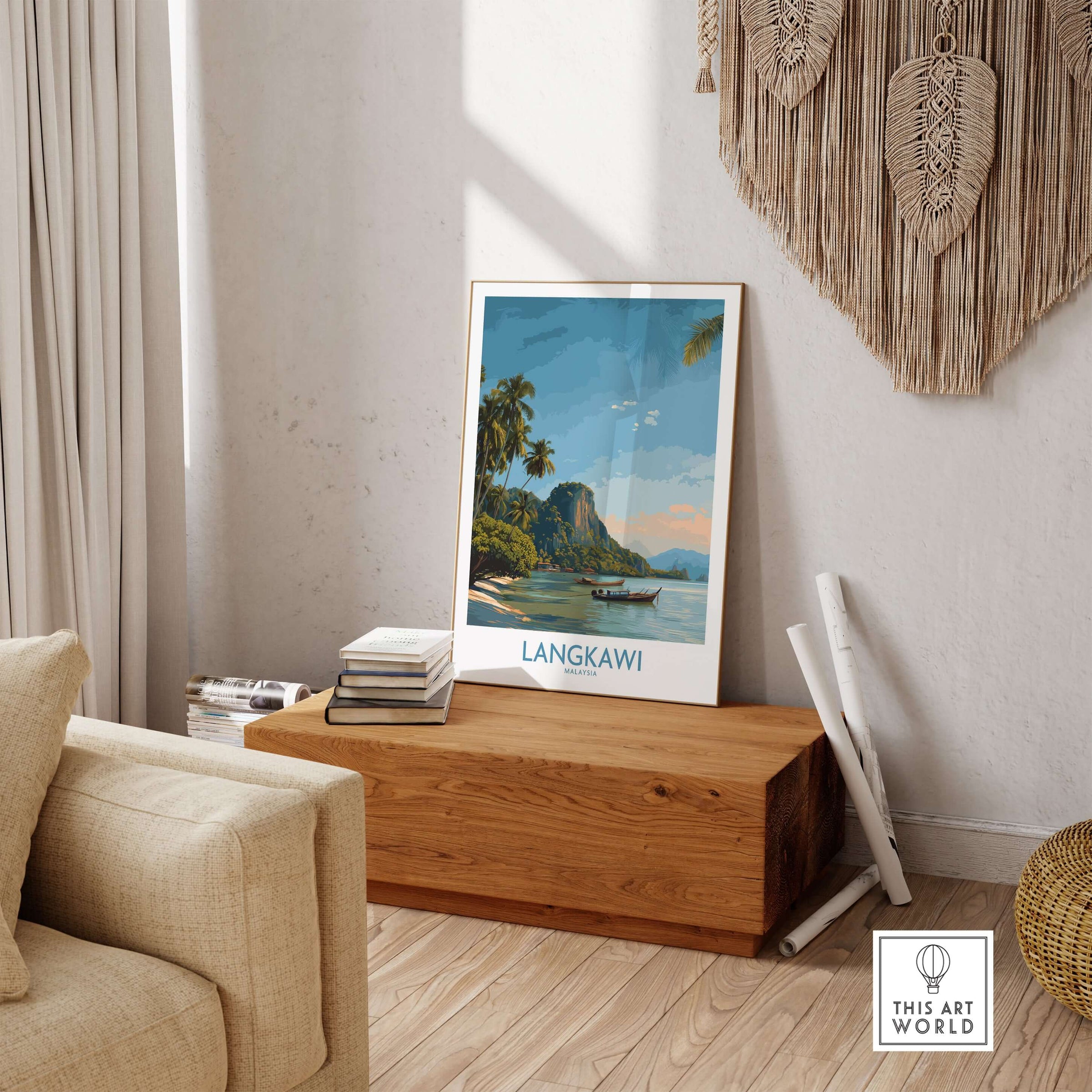Langkawi Malaysia Tropical Beach Art Print | Longtail Boat Island Poster displayed in a cozy living room setting.