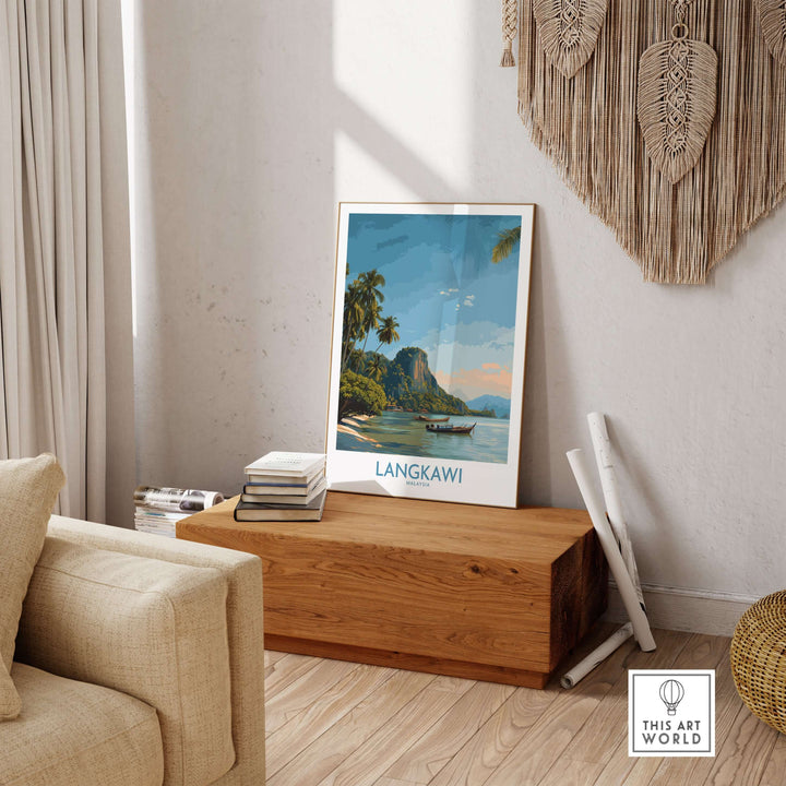 Langkawi Malaysia Tropical Beach Art Print | Longtail Boat Island Poster displayed in a cozy living space on wooden furniture.