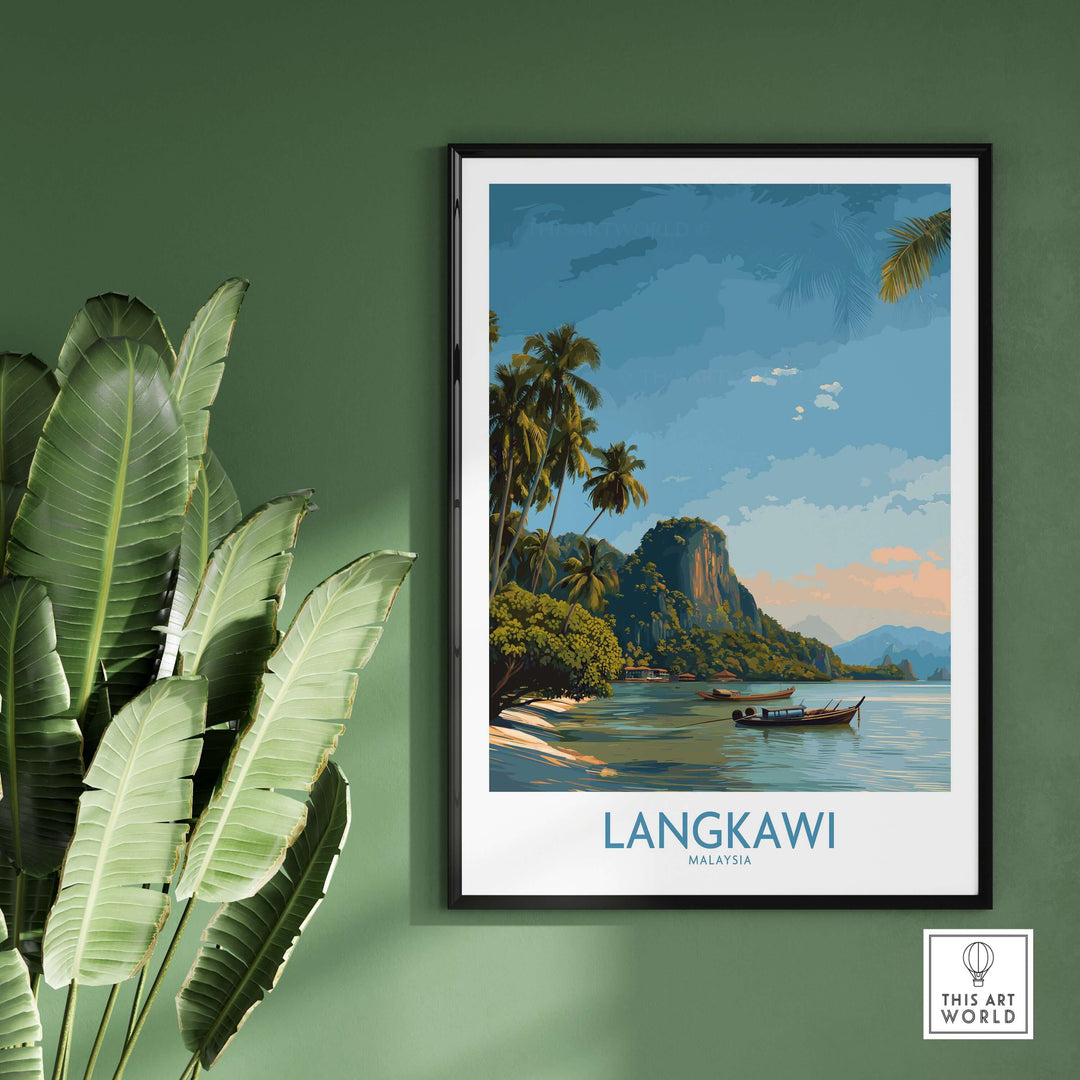 Langkawi Malaysia Tropical Beach Art Print | Longtail Boat Island Poster displayed on a green wall with tropical leaves.