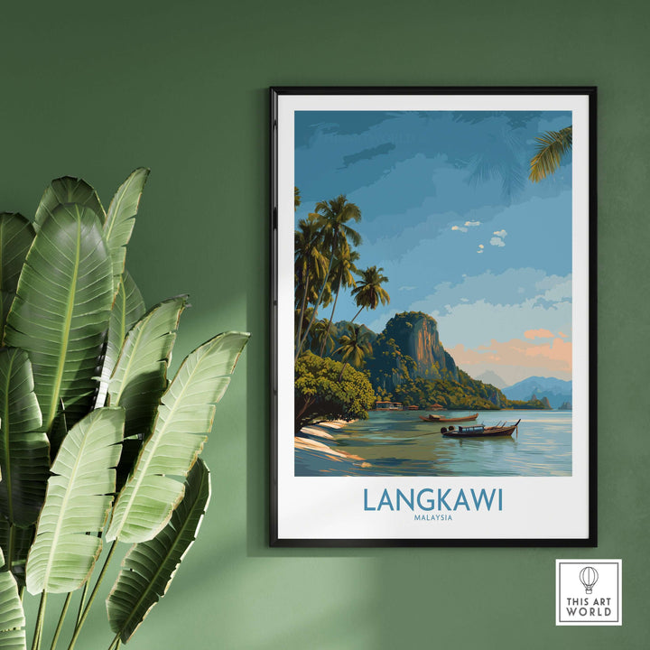 Langkawi Malaysia Tropical Beach Art Print | Longtail Boat Island Poster displayed on a green wall with tropical leaves.