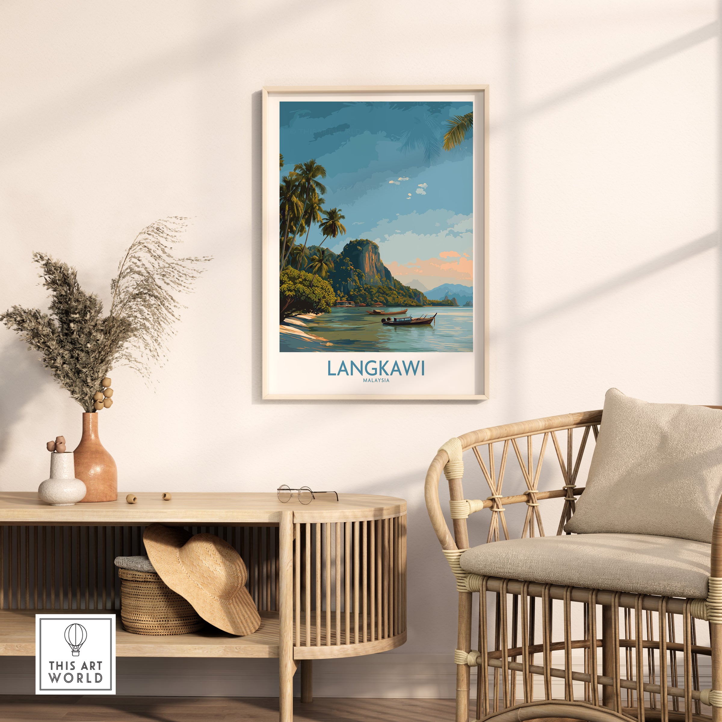 Langkawi Malaysia Tropical Beach Art Print | Longtail Boat Island Poster displayed in a stylish living room setting.