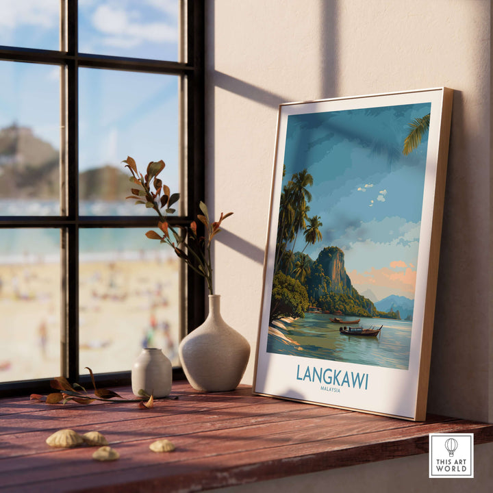 Langkawi Malaysia Tropical Beach Art Print | Longtail Boat Island Poster displayed on a wooden table by a window.