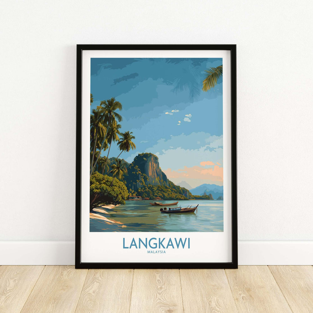 Langkawi Malaysia Tropical Beach Art Print | Longtail Boat Island Poster showcasing a serene beach and traditional boat.