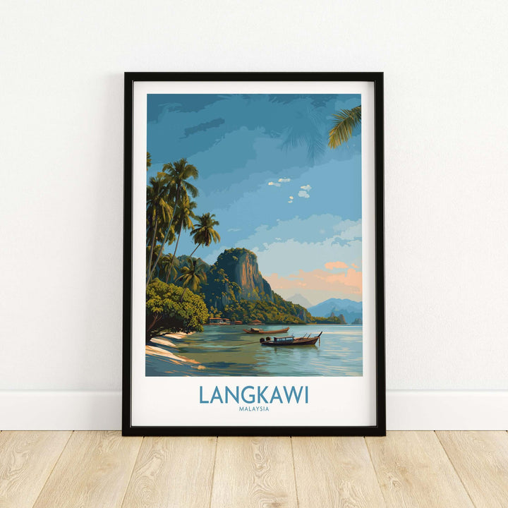 Langkawi Malaysia Tropical Beach Art Print | Longtail Boat Island Poster showcasing a serene beach and traditional boat.
