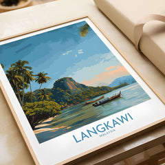 Langkawi Malaysia Tropical Beach Art Print | Longtail Boat Island Poster showcasing a serene beach with palm trees and a longtail boat.