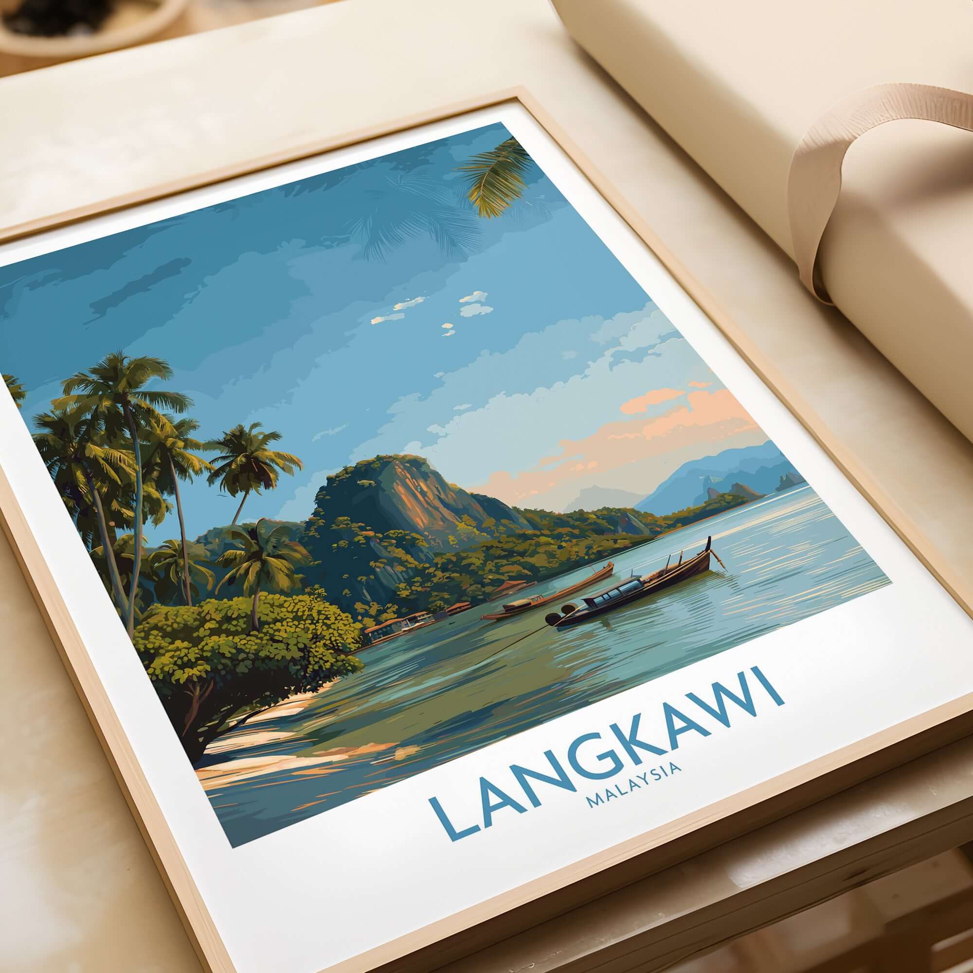 Langkawi Malaysia Tropical Beach Art Print | Longtail Boat Island Poster showcasing a serene beach with palm trees and a longtail boat.