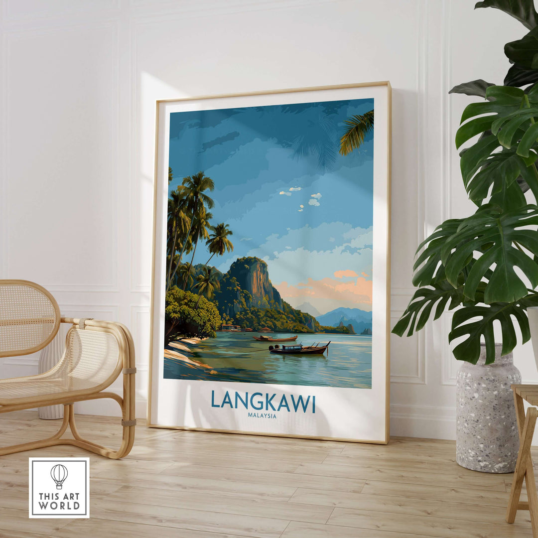 Langkawi Malaysia Tropical Beach Art Print | Longtail Boat Island Poster framed in a bright room with tropical design elements.