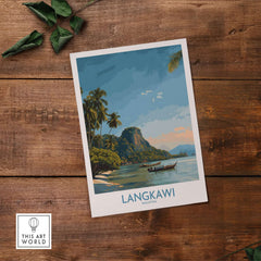 Langkawi Malaysia Tropical Beach Art Print | Longtail Boat Island Poster showcasing a serene beach and lush landscape.