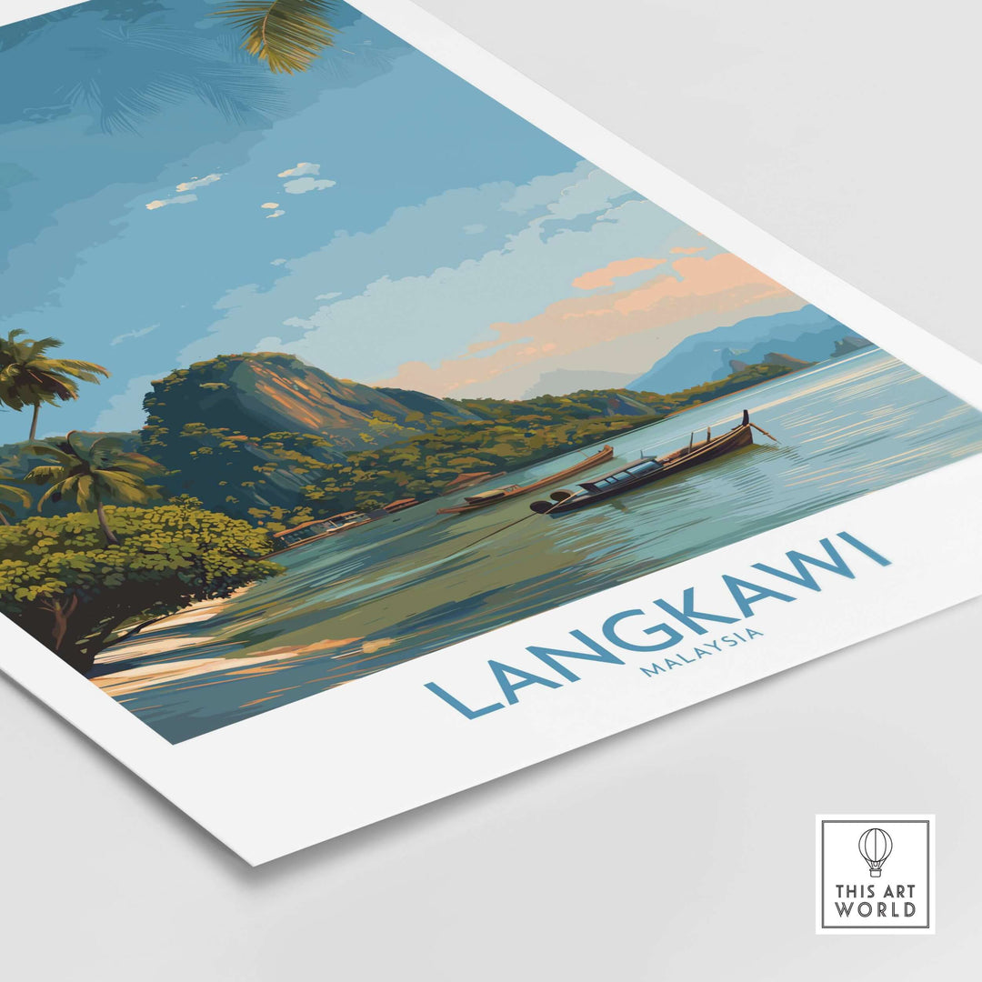 Langkawi Malaysia Tropical Beach Art Print | Longtail Boat Island Poster featuring a scenic coastal view.