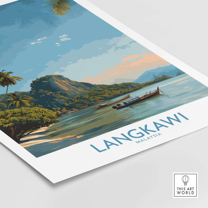 Langkawi Malaysia Tropical Beach Art Print | Longtail Boat Island Poster featuring a scenic coastal view.