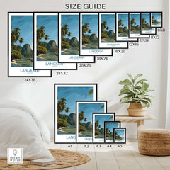 Langkawi Malaysia Tropical Beach Art Print | Longtail Boat Island Poster size guide displayed on wall with different frame sizes.