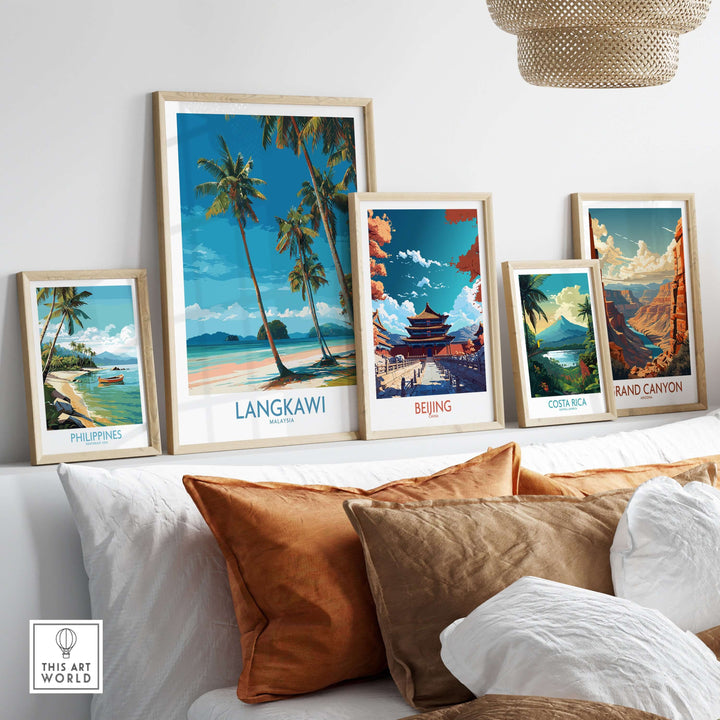 Langkawi Malaysia Print | White Sand Beach Poster displayed among various travel art prints on a cozy sofa.