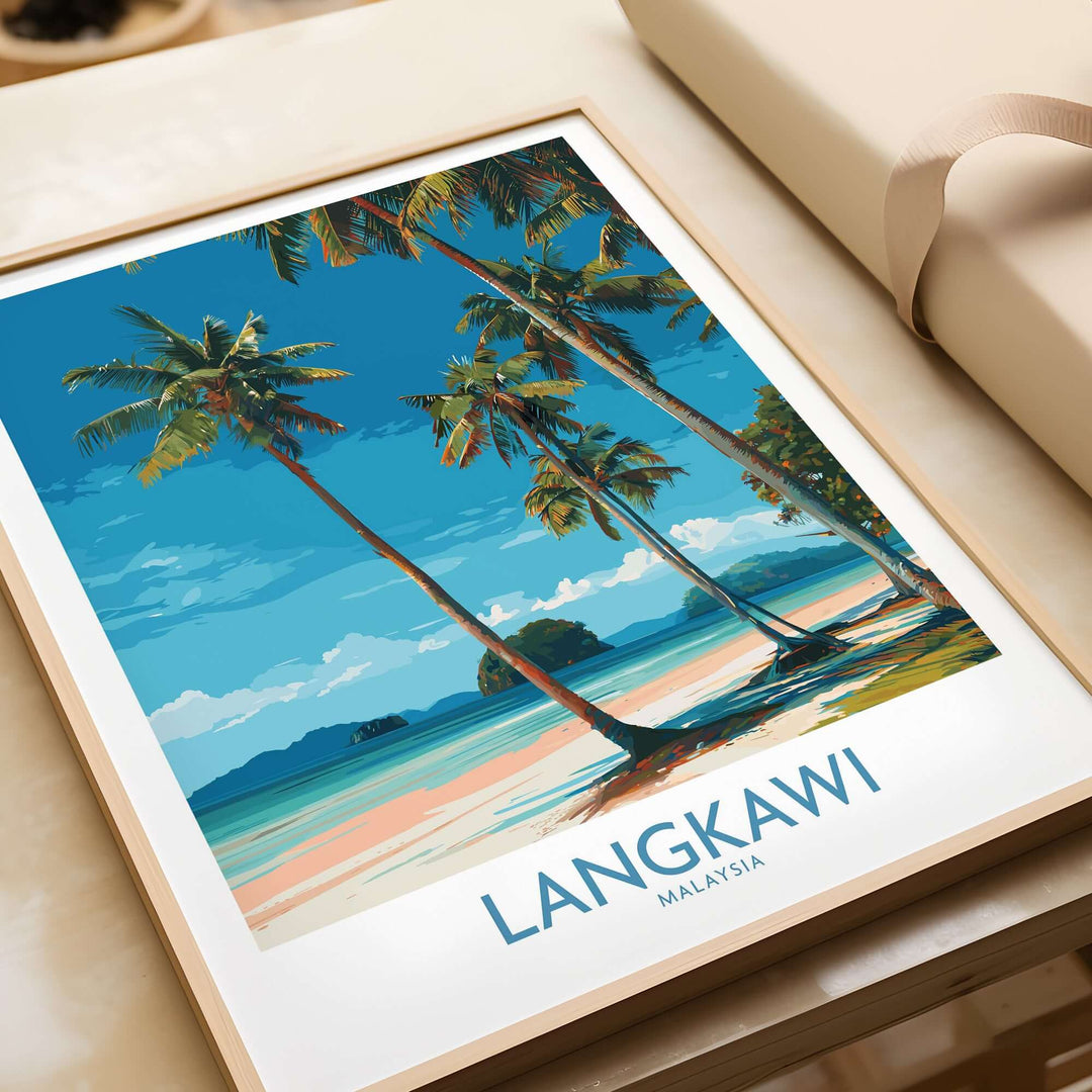 Langkawi Malaysia Print | White Sand Beach Poster featuring tropical palms and serene beach scenery.