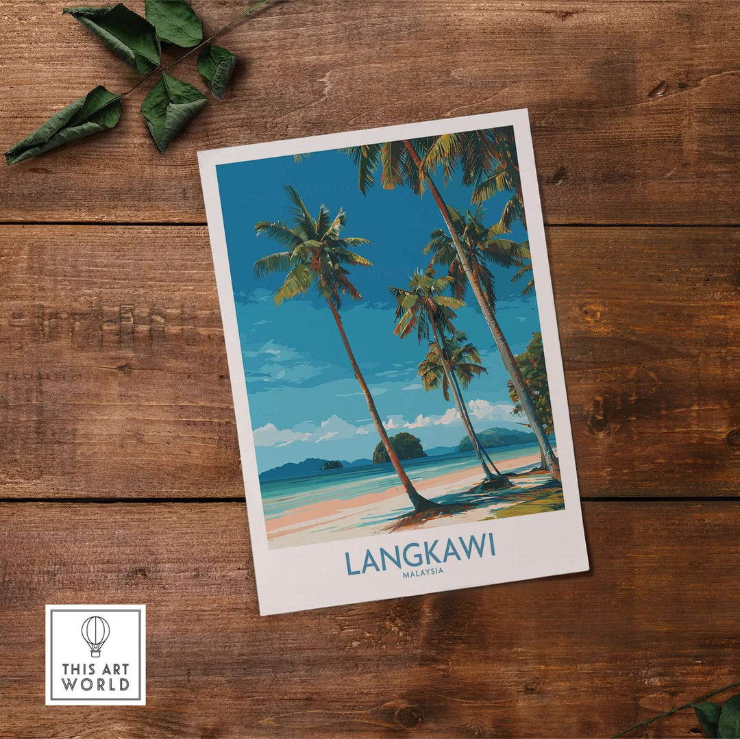 Langkawi Malaysia Print | White Sand Beach Poster featuring palm trees and a serene beach scene.