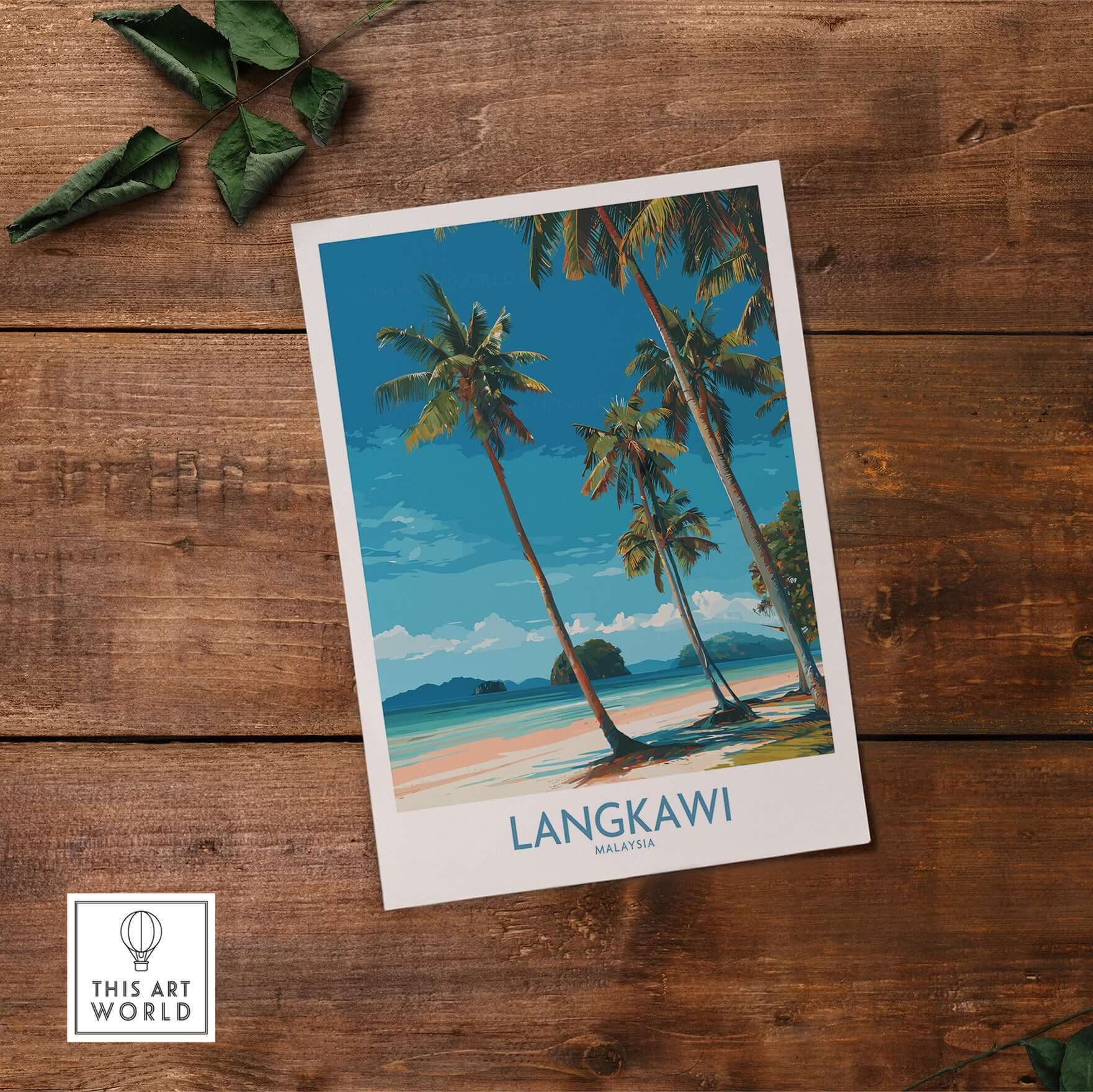 Langkawi Malaysia Print | White Sand Beach Poster showcasing tropical beach scene with palm trees.